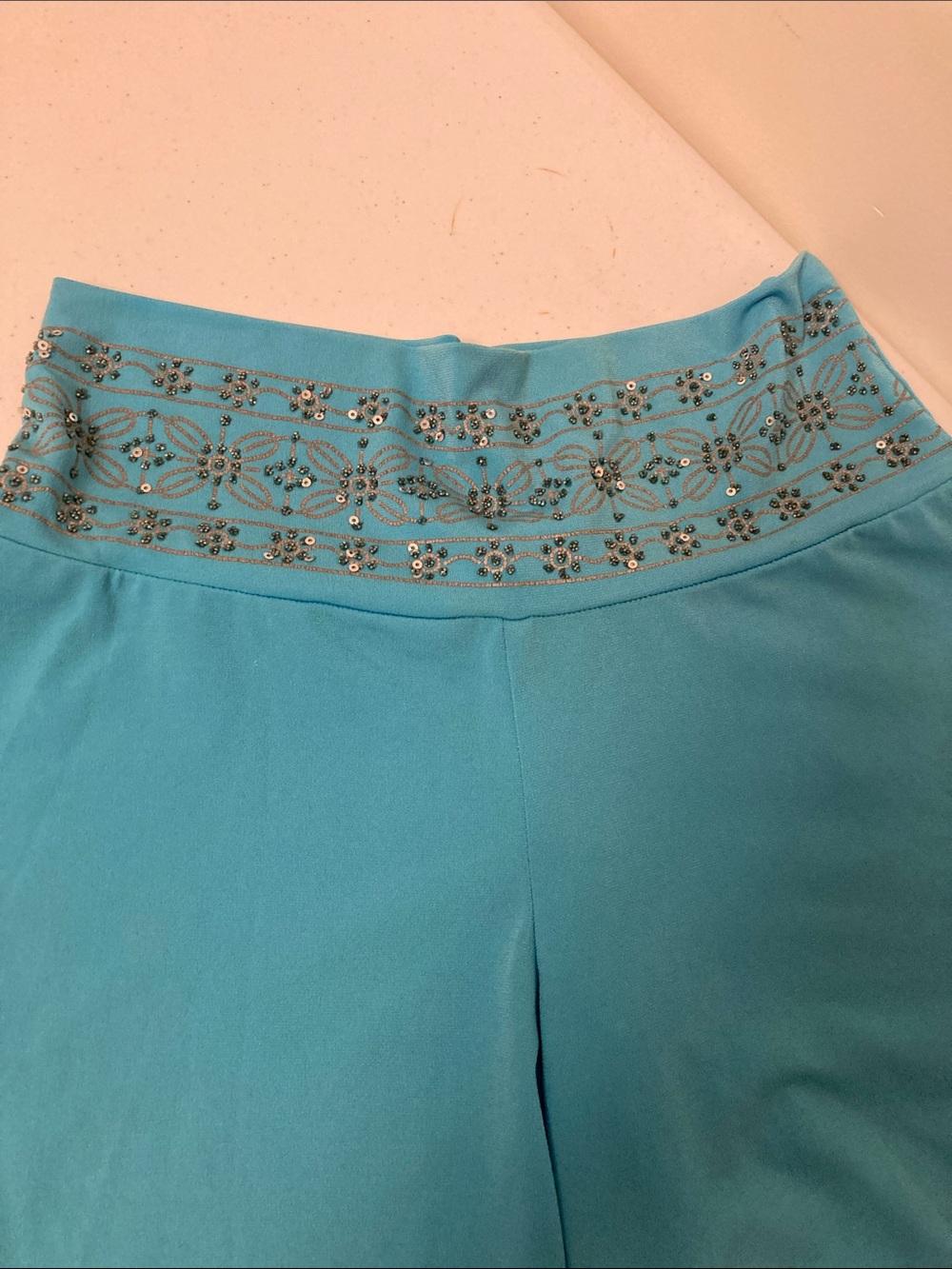 Girls Wide-Leg Teal Palozzo Pants with Embroidered Waistband - Picture 2 of 2